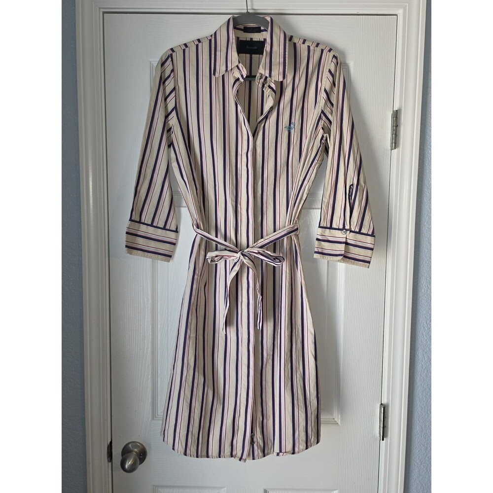 Faconnable Cream Blue Red Striped Belted Shirt Dress Size 8 Nautical Preppy